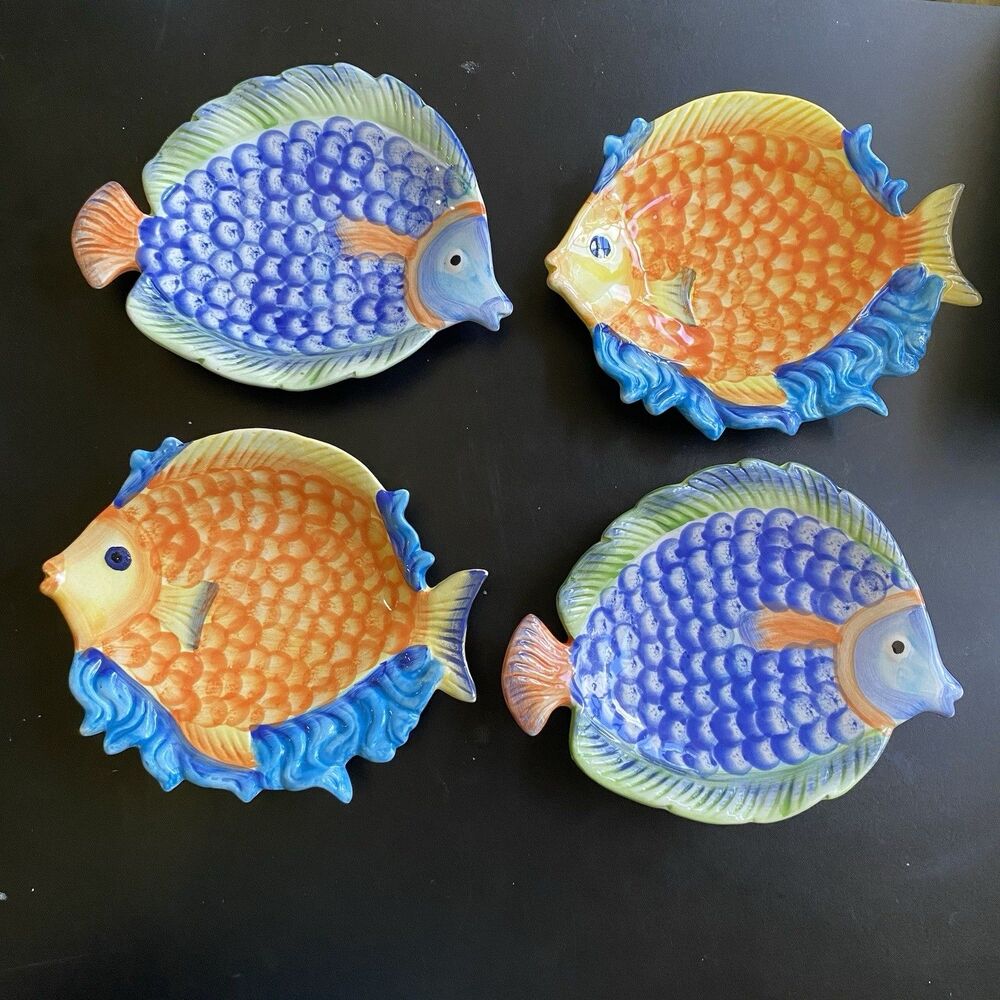 Pier 1 One Lot Of 4  Hand Painted Brightly Colored Mix & Match Fish Plates
